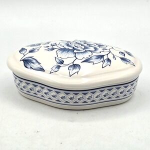Russ‎ Berrie & Co Blue White Ceramic Trinket Box With Lid  Made in Thailand